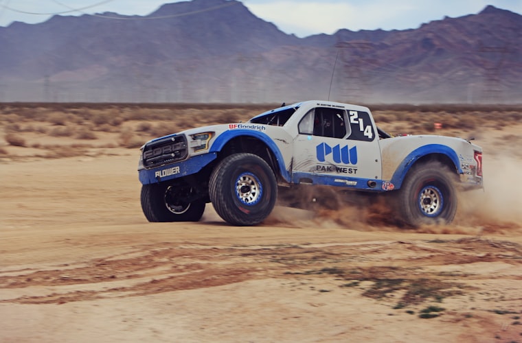 Street-legal prerunner truck in the desert